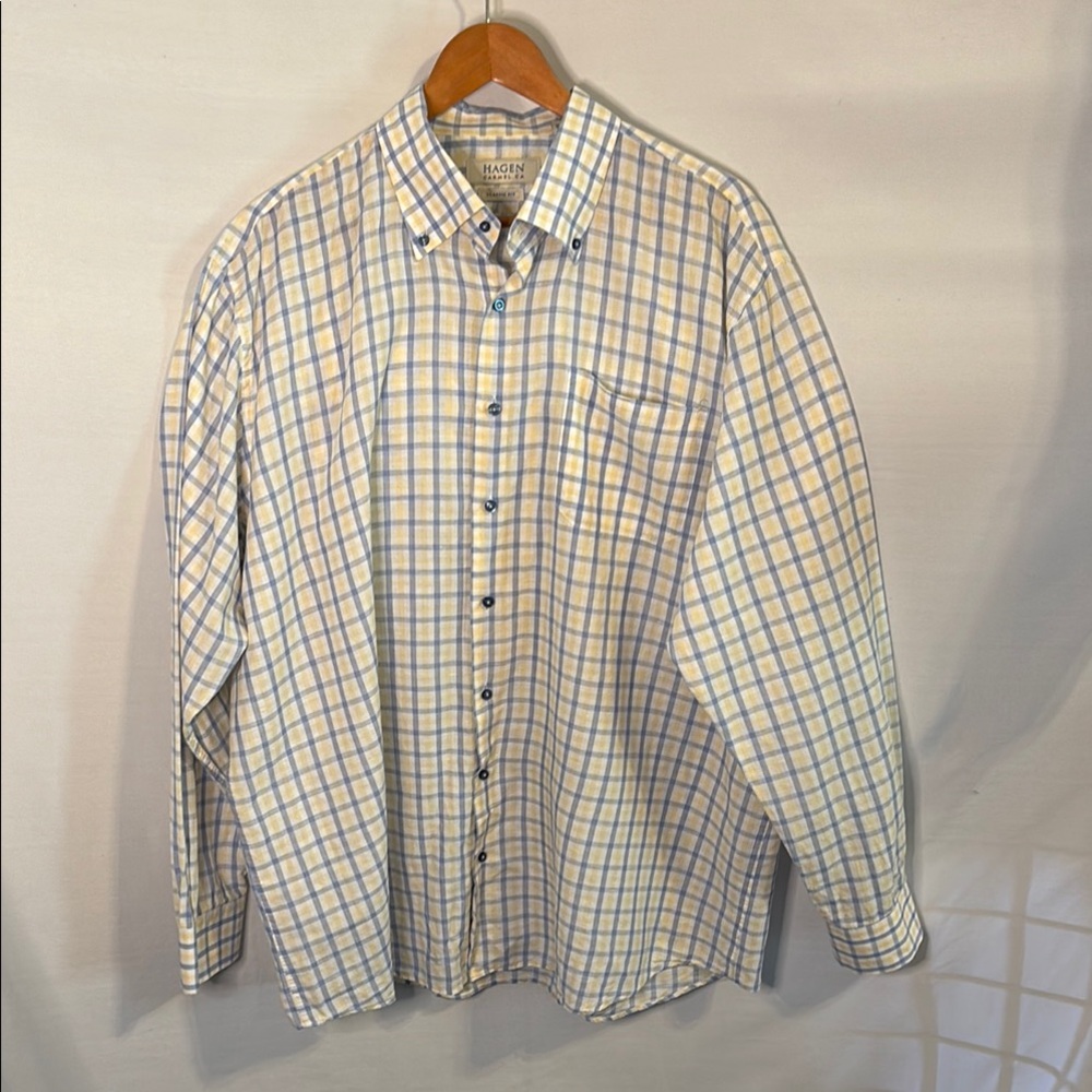 Hagen Carmel Check Button Down Shirt Size XXL Cotton Linen Yellow Blue